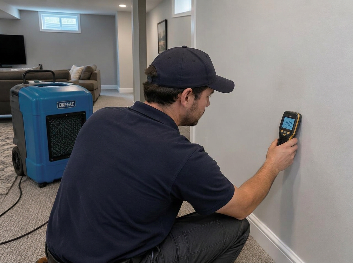 Aqua Dry technician taking moisture readings on a wall